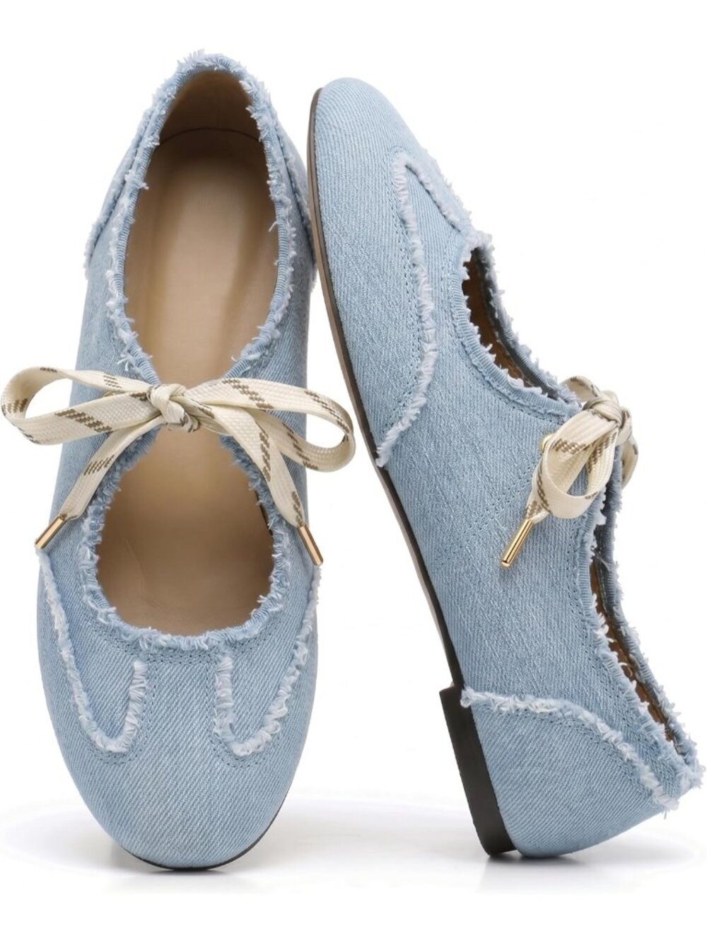 Women's Canvas Denim Blue Round Toe Ballerina Lace Up Ballet Flat Sneaker Shoes